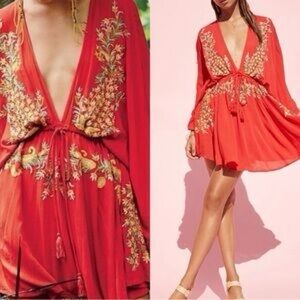 Free People Red Floral Embroidered Mini Dress